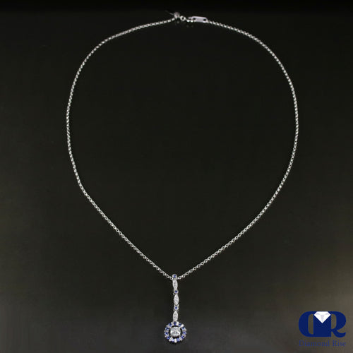Diamond & Sapphire Drop Pendant Necklace In 18K White Gold 18"