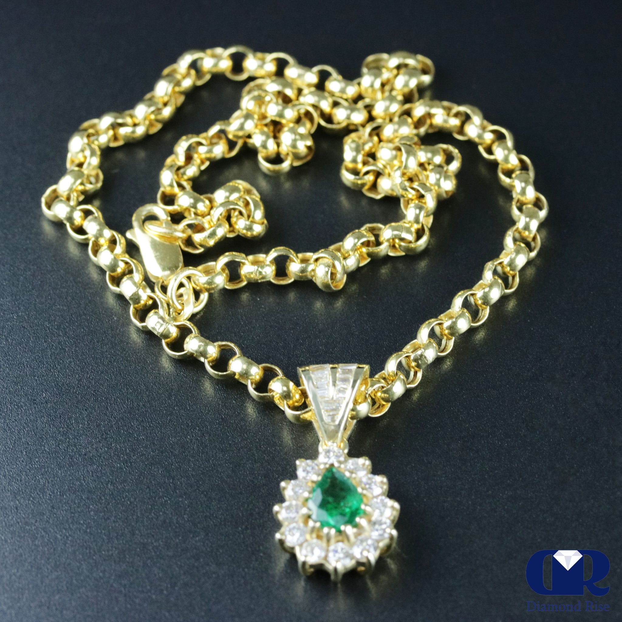 Pear Shaped Emerald & Diamond Drop Pendant Necklace In 14K Yellow Gold ...