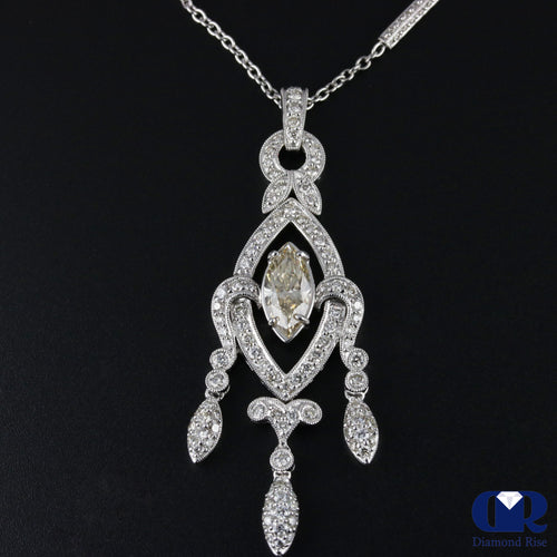 Marquise & Round Diamond Drop Necklace In 18K White Gold 17"