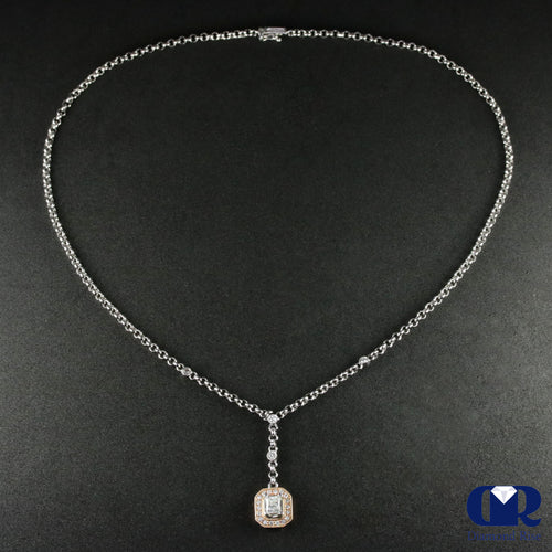 Princess Cut Diamond Halo Drop Pendant Necklace In 18K White & Rose Gold