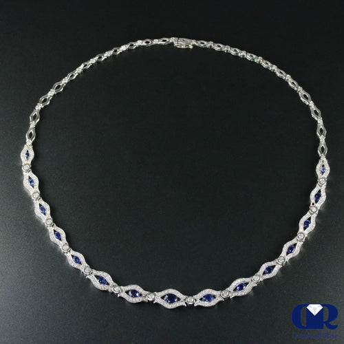 Diamonds & Sapphires Necklace In 18K White Gold 16"