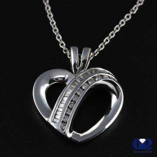 Round & Baguette Diamond double Row Leap Over Pendant Necklace 14KWG With Chain