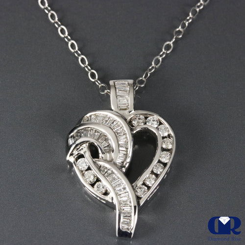 Natural Diamond Round & Baguette Heart Shaped Pendant Necklace 14KWG With Chain