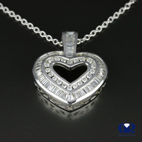 1.03 Ct Diamond Double Row Open Heart Pendant Necklace 14K White Gold With Chain