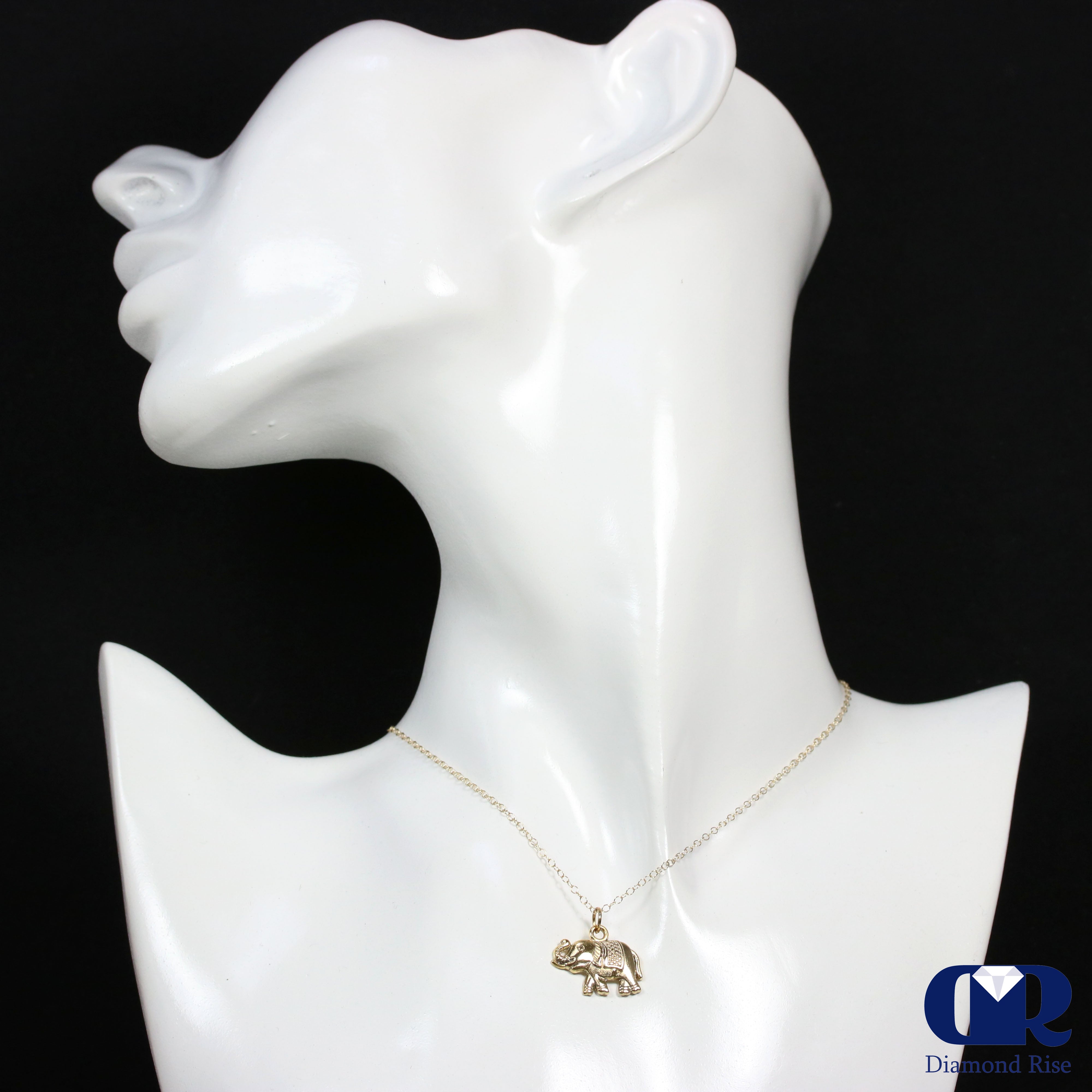 Solid 14K Yellow Gold Elephant Pendant Necklace With 16