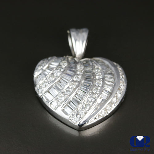 Women's Round & Baguette Diamond Heart Shaped Pendant Necklace In 14K White Gold
