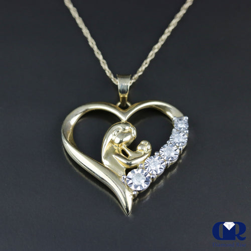 Diamond Mother & Child Pendant Necklace 14K Gold With Chain