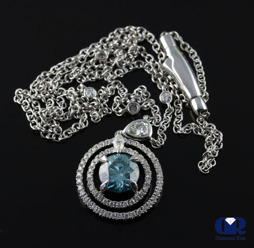 Round Cut Blue Diamond Double Halo Pendant Necklace In 18K White Gold