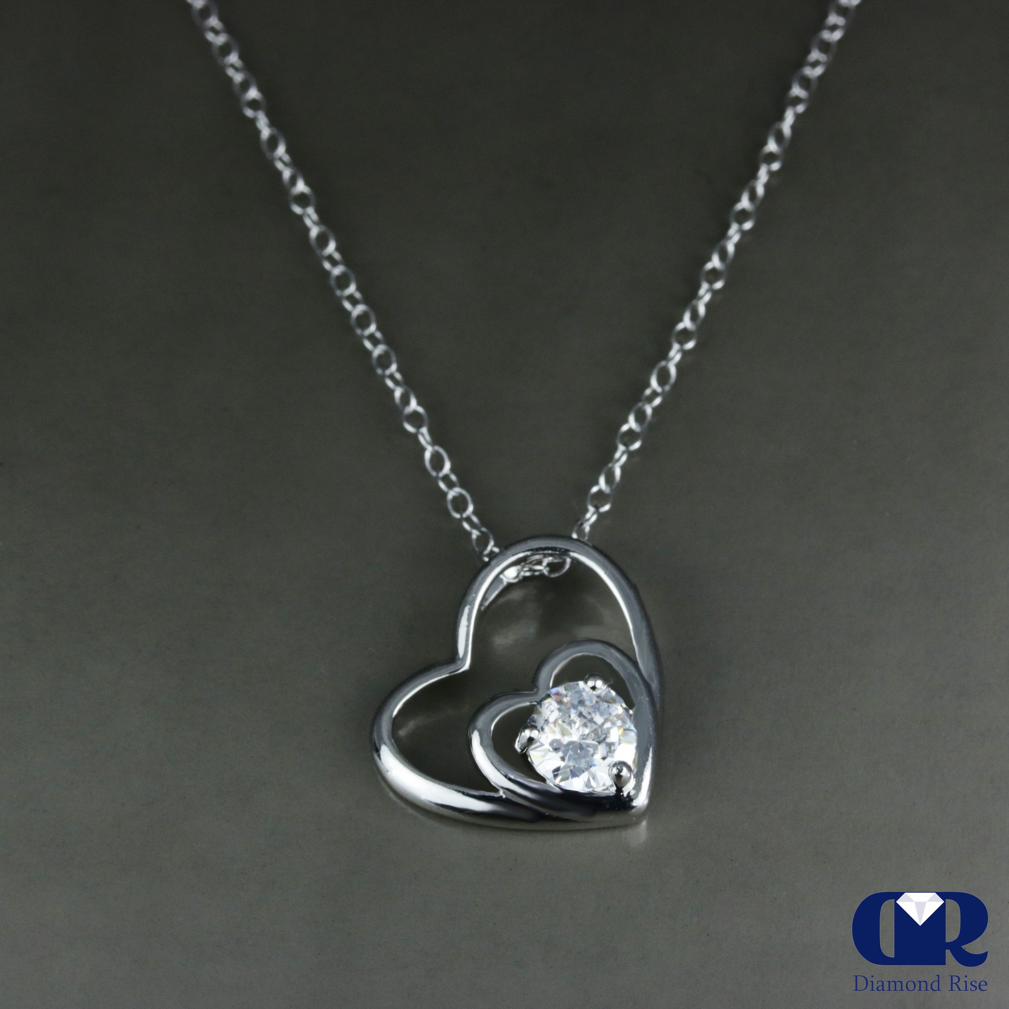 Double Open Solitaire Heart Diamond Pendant Necklace In 14K Gold ...