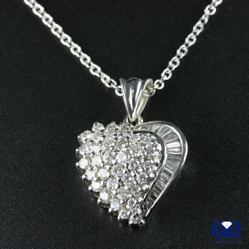 1.17 Carat Round & Baguette Diamond Heart Shaped Pendant 14K White Gold With 16" Chain