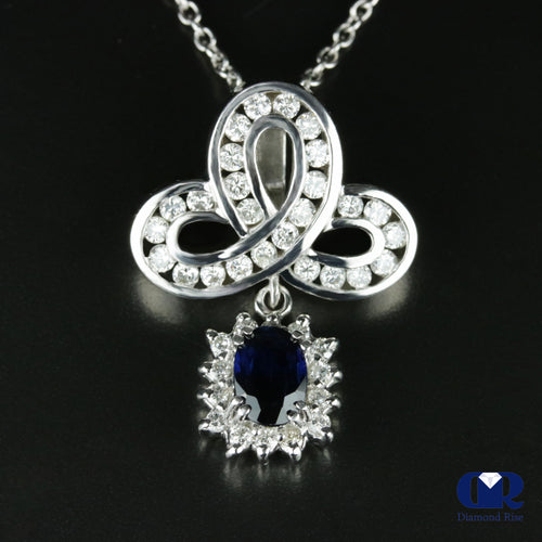 Women's Vintage Oval Sapphire & Diamond Slide Pendant Necklace 14K White Gold