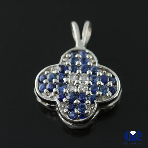 Women's Round Cut Diamond & Sapphire Plum Blossom Shaped Pendant Necklace 14K White Gold