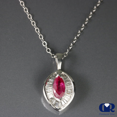 1.30 Ct Ruby & Diamond Pendant Necklace 14K White Gold With Chain
