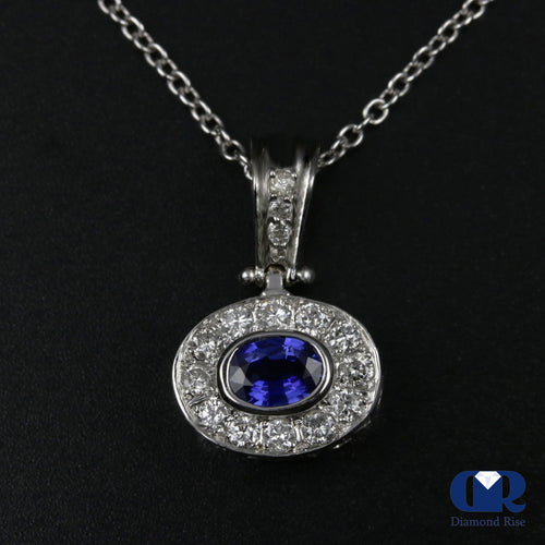 1.12 Carat Sapphire & Round Diamond Pendant Necklace 14K White Gold 16" Chain
