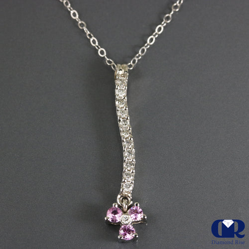 Natural 0.75 Ct Round Diamond & Pink Sapphire Pendant Necklace 14K Gold W/16" Chain