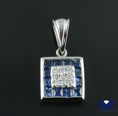 Women's Diamond & Sapphire Square Shaped Pendant Necklace In 14K White Gold
