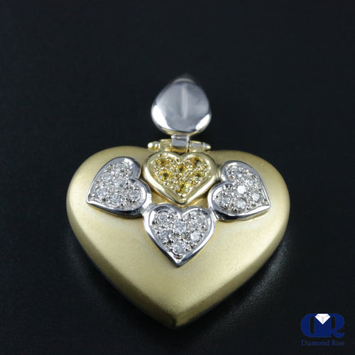 Women's Large Diamond Heart Shaped Pendant Necklace 14K Yellow Gold & White Gold