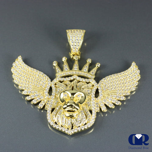 14K Gold Diamond Lion Head Pendant With Wings