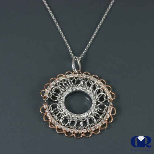 Round Cut Diamond Pendant In 14K White & Rose Gold With 18" Chain