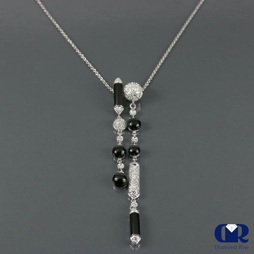 Diamond & Onyx Pendant Necklace In 18K White Gold With 16" Chain