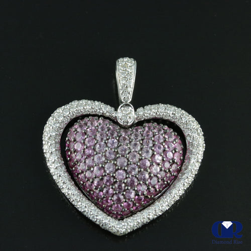 Women's Large Double Heart Diamond & Pink Sapphire Pendant Necklace In 18K White Gold