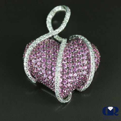 Large Heart Shaped Diamond & Pink Sapphire Pendant In 14K White Gold