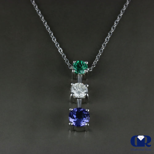 Diamond Emerald & Tanzanite Three Stone Pendant 14K Gold With 16" Chain