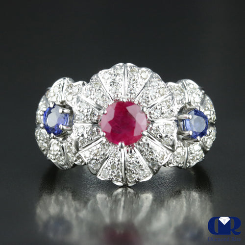 Women's Ruby Sapphire & Diamond Cocktail Ring Right Hand Ring In 14K  Gold
