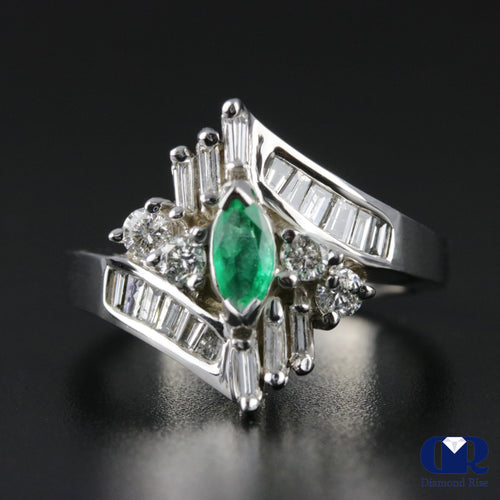 Women's Marquise Emerald & Diamond Cocktail Ring Right Hand Ring In 14K White Gold