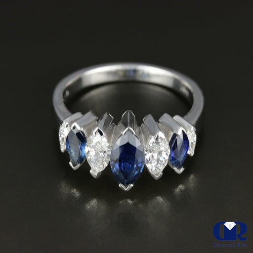 Women's Marquise Diamond & Sapphire Wedding Anniversary Ring In 14K White Gold