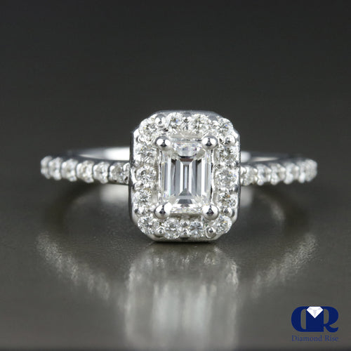 0.85 Carat Emerald Cut Diamond Halo Engagement Ring In 14K White Gold