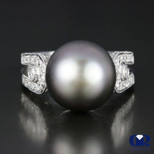 12 mm Tahitian South Sea Pearl & Diamond Engagement Ring In 18K White Gold
