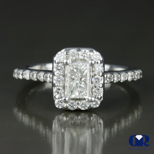 1.10 Carat Radiant Cut Diamond Halo Engagement Ring In 14K White Gold