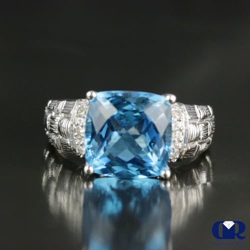 Cushion Cut Blue Topaz & Diamond Cocktail Ring & Right Hand Ring In 14K