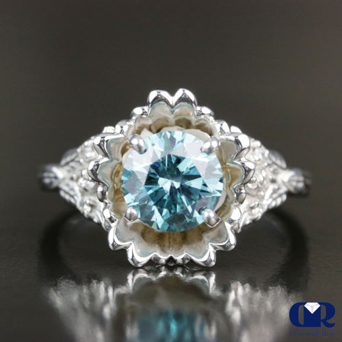 1.47 Carat Round Cut Blue Diamond Engagement Ring In 14K White Gold