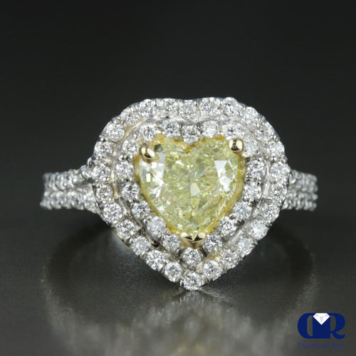 2.27 Carat Heart Shaped Fancy Yellow Diamond Double Halo Engagement Ring 14K White Gold