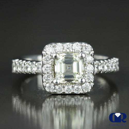 1.66 Carat Asscher Cut Diamond Halo Engagement Ring In 14K White Gold