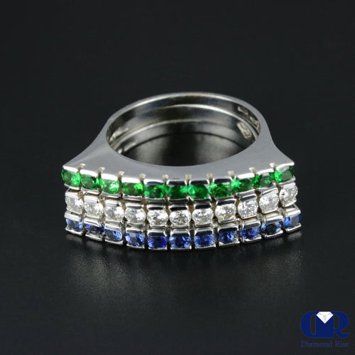Women's Diamond Emerald & Sapphire Right Hand Ring & Cocktail Ring In 14K White Gold