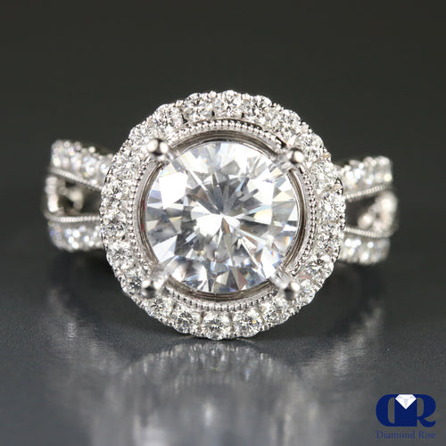 Natural 4.65 Carat Round Cut Diamond Halo Engagement Ring In 18K White Gold