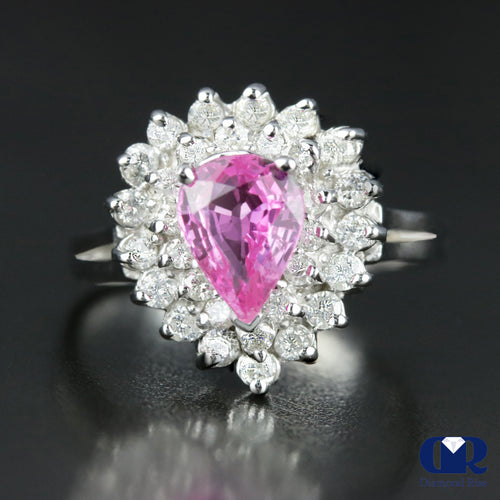 Pear Shaped Pink Sapphire & Diamond Double Halo Ring I4K Gold