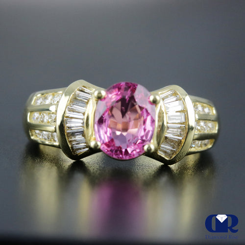 Women's Oval Pink Sapphire & Diamond Cocktail Ring & Right Hand Ring In 14K Yellow Gold