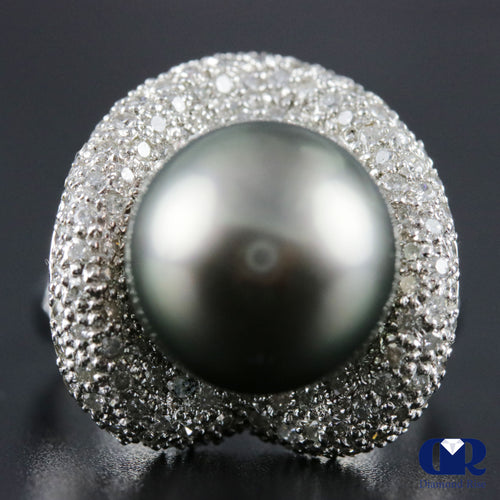 12 mm Tahitian South Sea Pearl & Diamond Engagement Ring In 18K White Gold