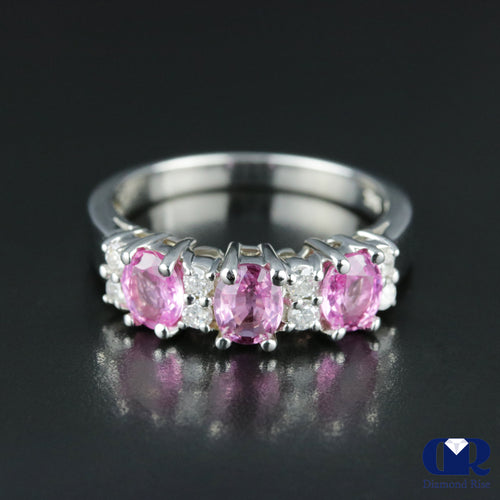 Natural 1.78 Ct Pink Sapphire & Diamond Anniversary Ring 14K White Gold