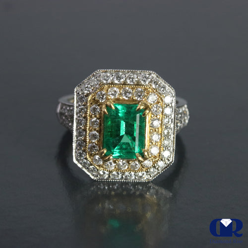 Natural 2.90 Ct Emerald & Diamond Engagement Ring Cocktail 18K Whit & Yellow Gold