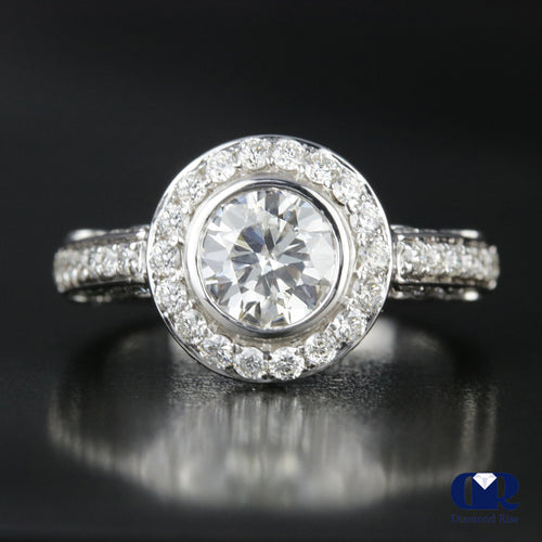 2.15 Carat Round Cut Diamond Halo Engagement In 18K White Gold