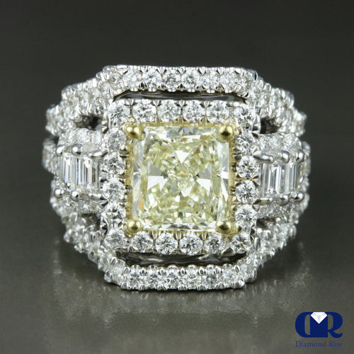 4.46 Carat Fancy Yellow Radiant Cut Three Pieces Engagement Ring Set In 14K White Gold