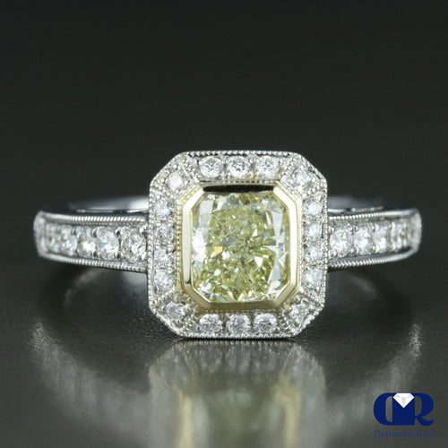 1.35 Carat Fancy Yellow Radiant Cut Diamond Halo Engagement Ring In 18K White Gold