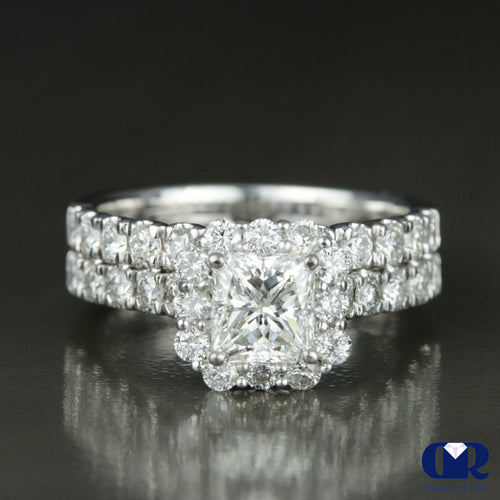 2.03 Carat Princess Cut Diamond Halo Engagement Ring Set In 14K White Gold