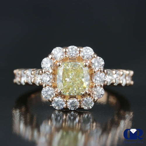2.51 Carat Cushion Cut Fancy Yellow Diamond Halo Engagement Ring In 14K Rose Gold