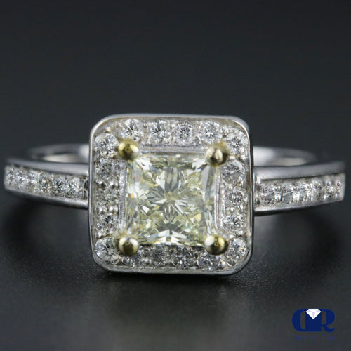 1.30 Carat Fancy Yellow Princess Cut Diamond Halo Engagement Ring In 14K Yellow Gold